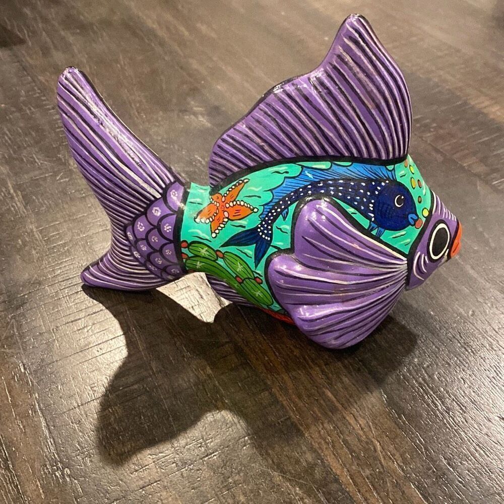 Fish Mexican Hand Painted Terracotta Pottery Purple Green Coastal Beach Decor - Picture 6 of 7